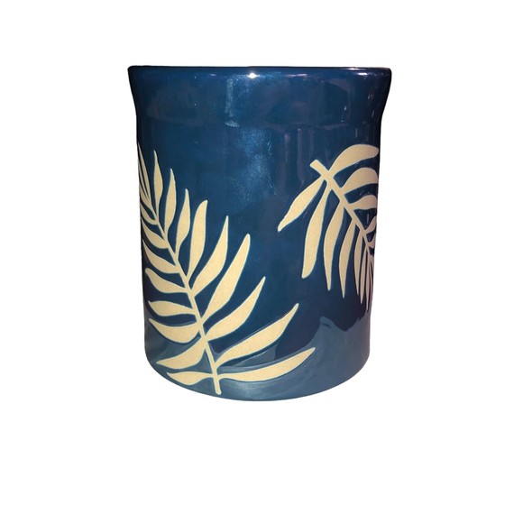 Blue Irridescent Ceramic Bath & Body Candle Holder w/Palm Frond Textured Feel - Picture 3 of 5